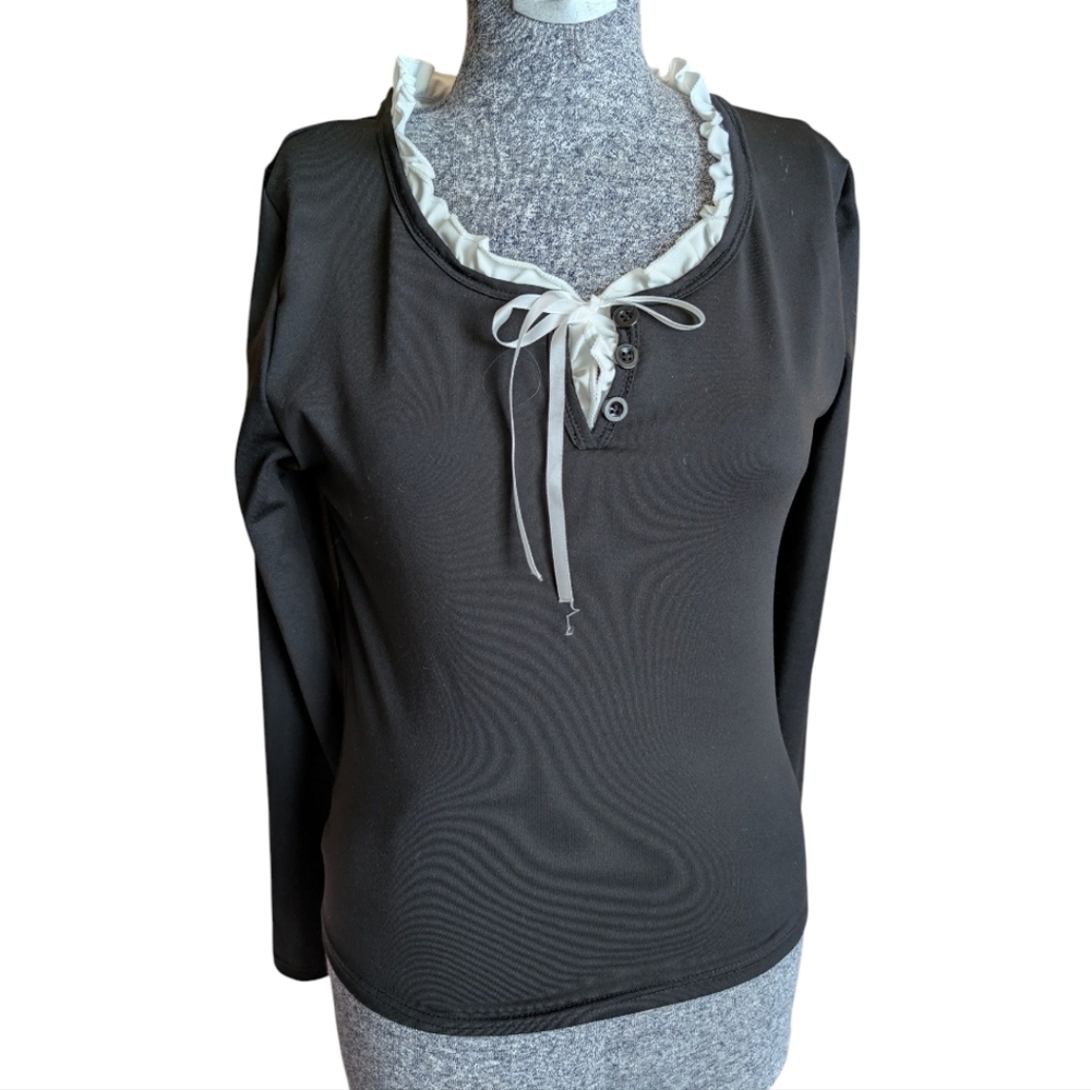 Coquette Ruffle Trim Tie-Neck Long Sleeve Top - Size S